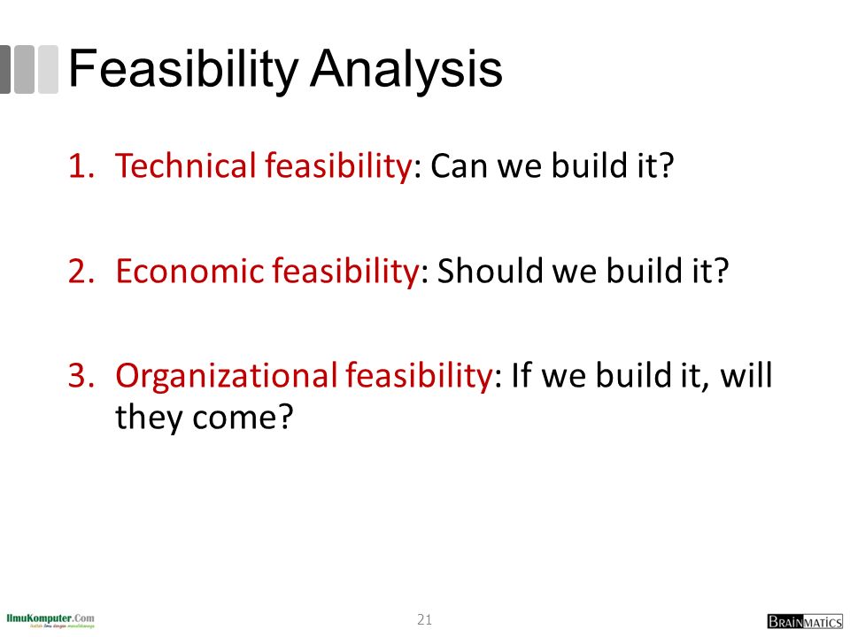 Technical Feasibility, Economic Feasibility, Operational Feasibility, Legal Feasibility